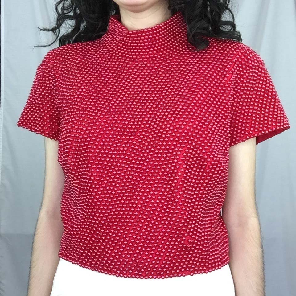Vintage 90s | Cache Red Pearl Beaded Top Party Blouse Crop Top | Size M
