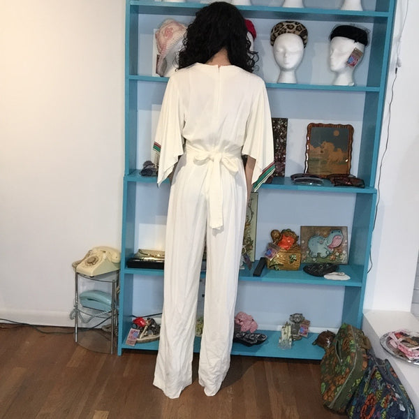 Vintage 1970s White Groovy Mod Disco Statement Sleeves Bellbottoms Jumpsuit | M