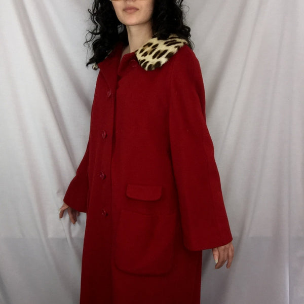 Vintage Lazarus | Red Virgin Wool Coat with Leopard Print Fur Collar | XL