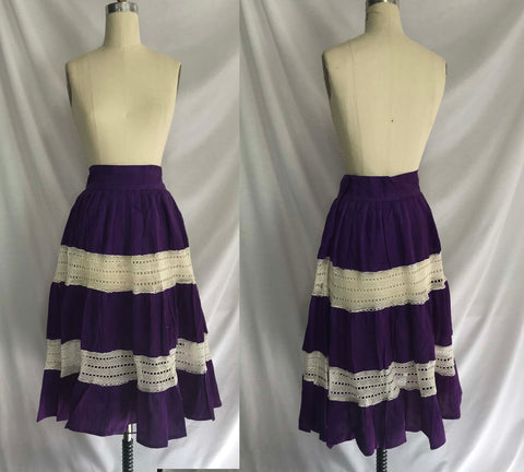 Vintage 60s 70s | Purple Boho Hippie Prairie Festival Cotton Woodstock Skirt | S