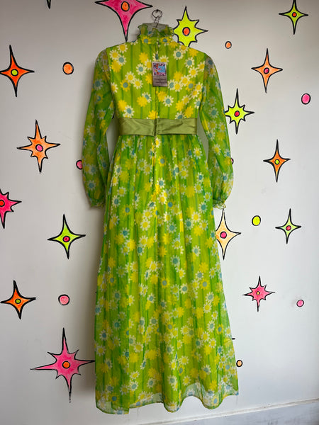 Vintage 1960s 60s | Green Groovy Boho Hippie Flower Power Mod Maxi Dress | XS