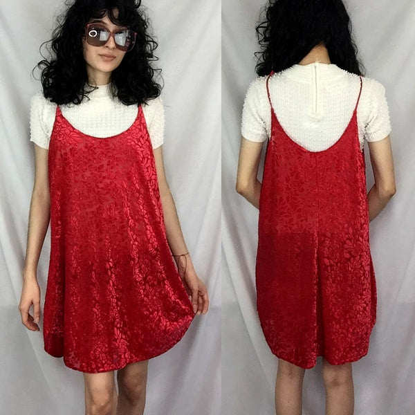 Vintage 90s | Red Burnout Velvet Party Mini Dress Goth Grunge Slip Cocktail | XL