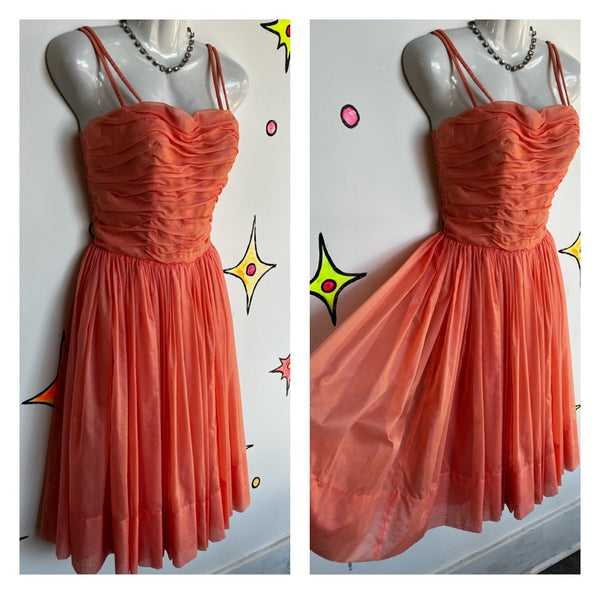 Vintage 50s 60s | Fit & Flare TuTu Full Skirt Pink Chiffon Prom Party Dress | XS
