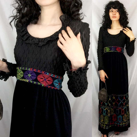 Vintage 1960s | Sandine Originals Lace & Velour Boho Hippie Mod Maxi Dress | XS