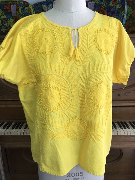 VTG 70s | Mexican Hippie Boho Cotton Boho Yellow Embroidered Blouse | Free size