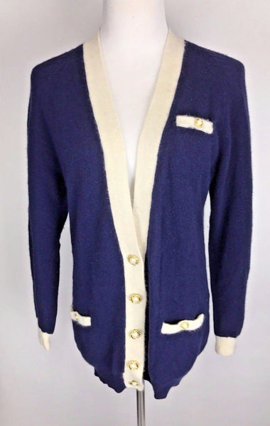 Vintage 80s Fuzzy Angora Lambswool Navy Gold Nautical Sweater Jacket Cardigan L