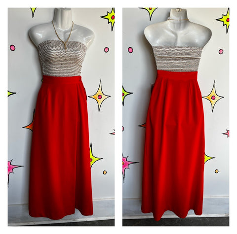 Vintage 1970s | Bright Red Groovy Disco Maxi Long Faux Wrap Skirt | XS S