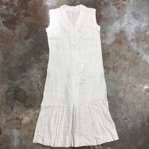 Vintage 20s 1920s | White Linen Drop Waist Flapper Day Dress | Size M