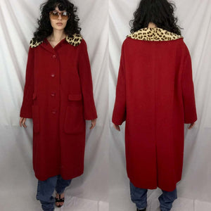 Vintage Lazarus | Red Virgin Wool Coat with Leopard Print Fur Collar | XL