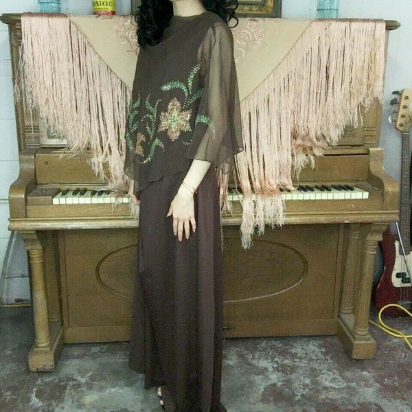 Vtg 70s | Draped Goddess Old Hollywood Boho Disco Party Capelet Maxi Dress | L