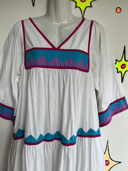 Vintage 70s Mexican MuuMuu Ethnic Hand Woven Kaftan Hippie Huipil Maxi Dress