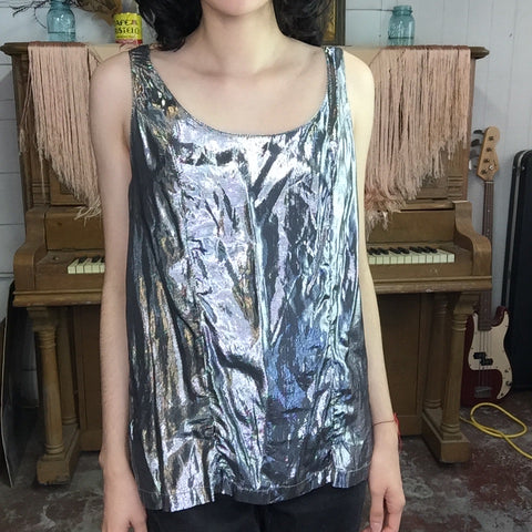 Vintage 80s | Glam Metallic Silver Shiny Disco Party Blouse Tank Top | M