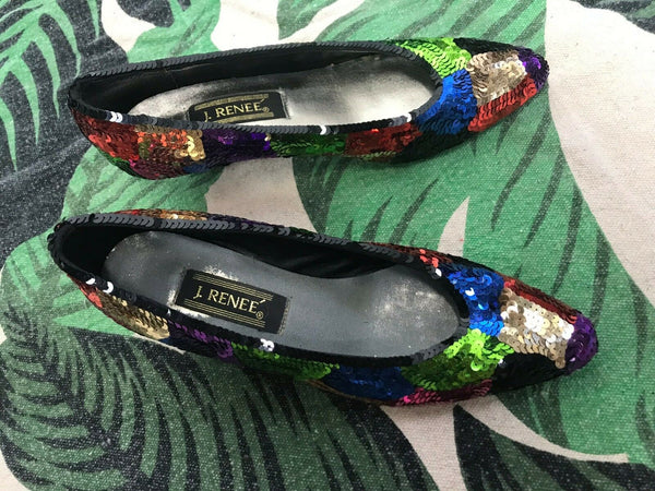 Vintage 80s J Renee Rainbow Sequin Glam Pumps Kitten Heels Rare 7