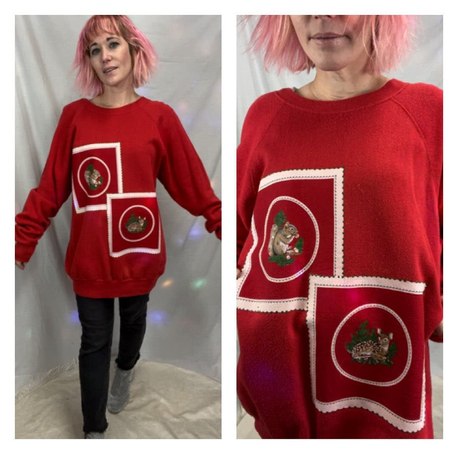 Vintage 80s | Red Tacky Puffy Paint Ugly Christmas Sweater Sweatshirt | XL