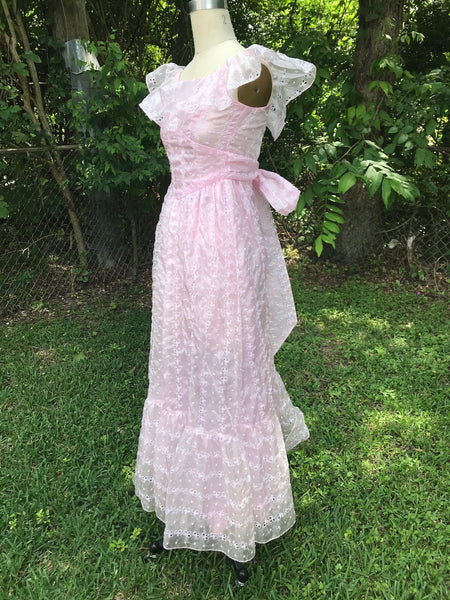 VTG 70s | Pink Gunne Sax Style Prom Prairie Lace Edwardian Boho Dress | XS