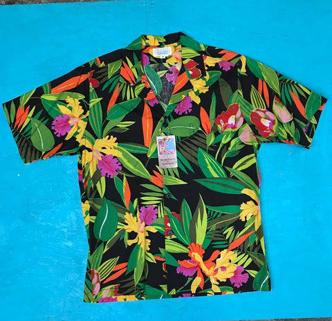 Men's Hawaiian Short Sleeve Shirt/ Vintage Surfline/ Bright Colors/ Tropical Floral Print Button Down Vacation Shirt M