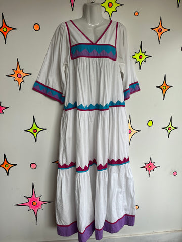 Vintage 70s Mexican MuuMuu Ethnic Hand Woven Kaftan Hippie Huipil Maxi Dress