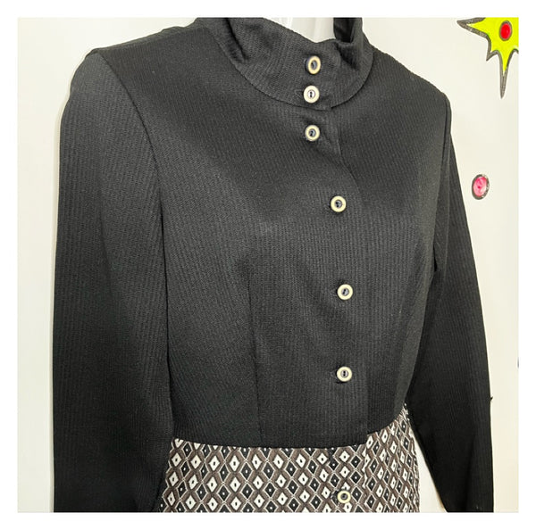 Vintage 60s 70s | Black & Brown Mod GoGo Geometric Turtleneck Mini Dress | M