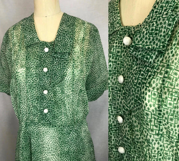 Vintage 1940s 50s | Sheer Green Wartime Pinup Rockabilly Dress | L/XL