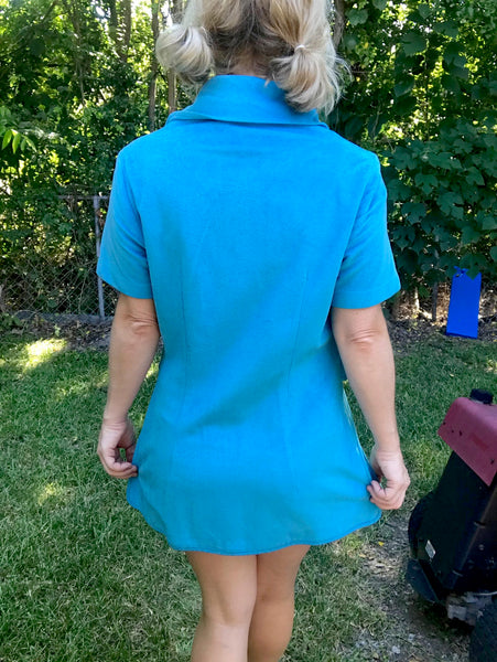 Vintage 60s 70s | Blue Velour GoGo Mod Scooter Zip Up Groovy Mini dress | M