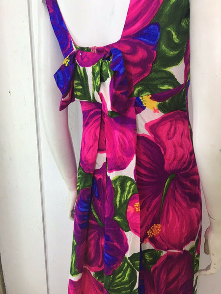 Vintage 60s Mod Cotton Barkcloth Hawaiian Magenta Pink Psychadelic Maxi Dress 6