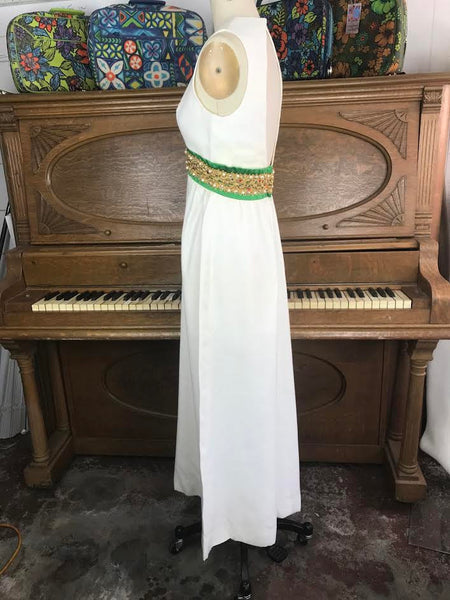 Vintage 60s 70s Mod Mid Century Maxi Prom Party Wedding Cocktail Beaded Cut Out Back Dress XS