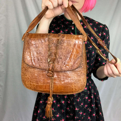 Vintage Brown Genuine Alligator Crocodile Lizard Reptile Bag Handbag Purse