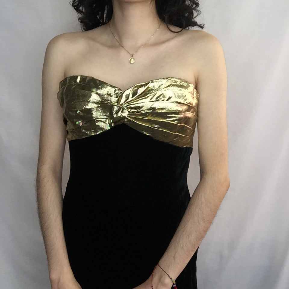 Vintage 80s 90s | Black Velvet & Gold Lame Big Bow Maxi Party Dress |   Fashion Time Machine