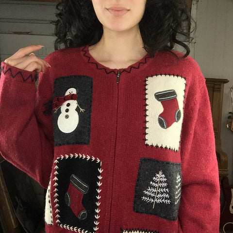 Vintage | Patchwork Tacky Ugly Christmas Sweater Cardigan | Woman’s Size M