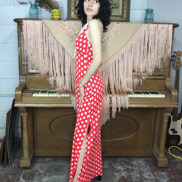 Vintage 70s | Red Polka Dot Groovy Boho Hippie Halter Maxi Dress | XS