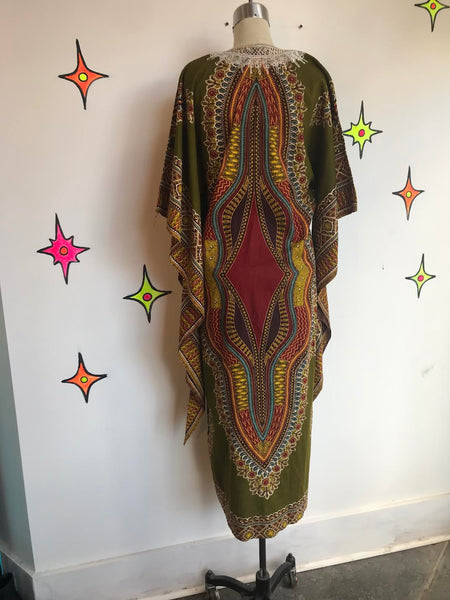 Vintage 1970s | Kaftan Muumuu Boho Hippie Gown Dashiki Bell Sleeve Dress | XL