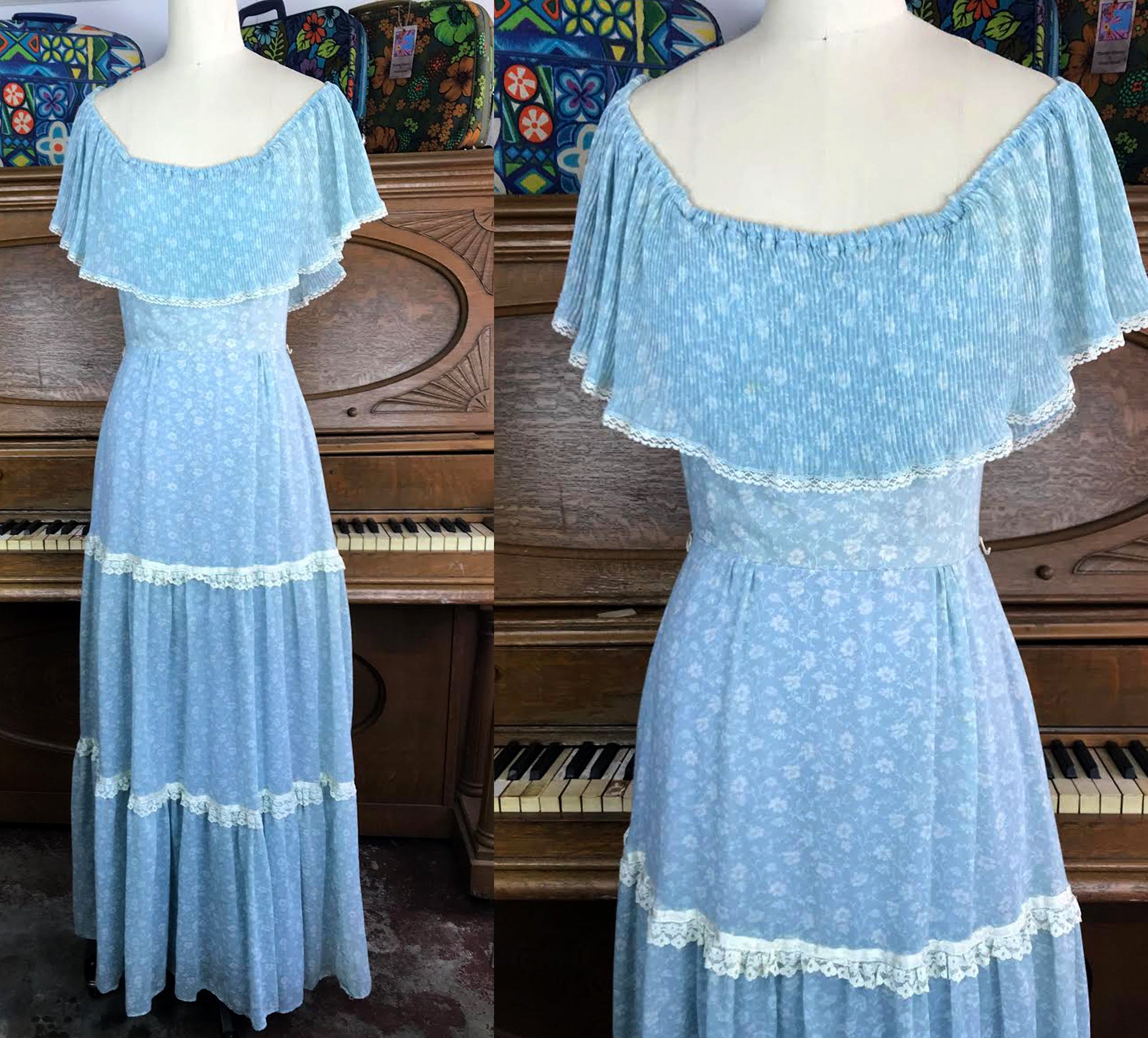 Vintage Blue Ruffle Gunne Sax Style Festival Prairie Dress Cotton Lace Sweet Boho Hippy Small