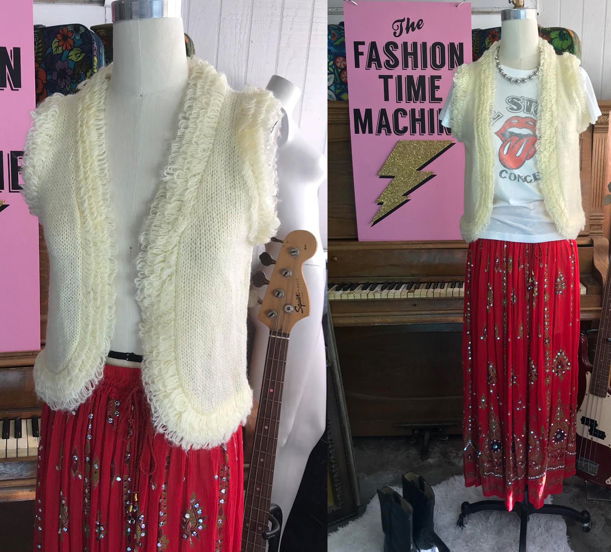 Vintage 70s Chunky Cream Wool Vest/ Hand Knit Bohemian Hippie Vest/ Boho Style