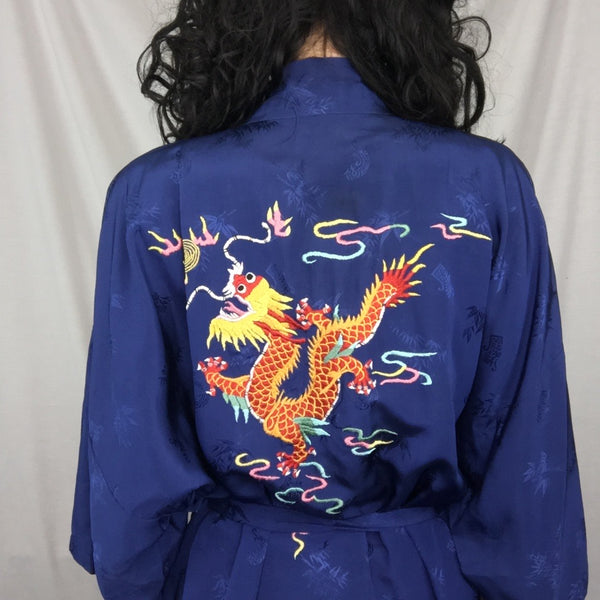 Vintage | Blue Kimono Dragon Robe Embroidered Boho Festival Chinese Geisha
