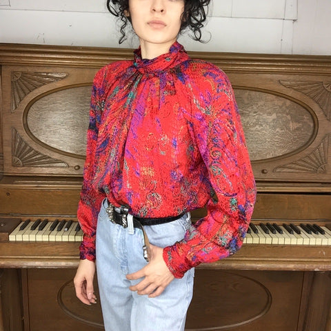 Vintage 80s | Red Silky Abstract Snakeskin Print Secretary Blouse | Size 8P