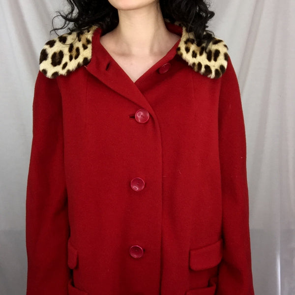 Vintage Lazarus | Red Virgin Wool Coat with Leopard Print Fur Collar | XL