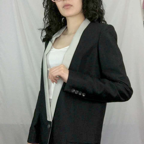 Helmut Lang | Ladies Black & Silver Shiny Lapel Blazer Jacket | Size 2