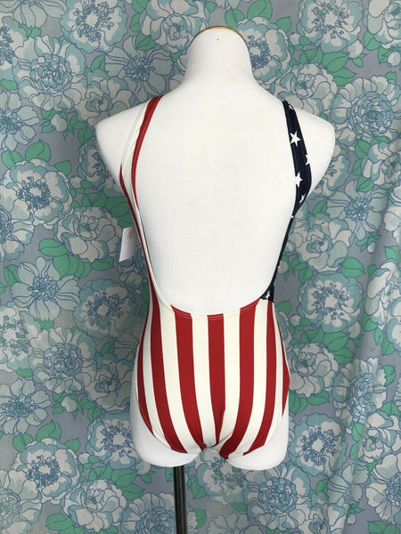 Vtg 70s 80s 90s Retro American Flag USA Party Bodysuit Leotard One Piece Swim S