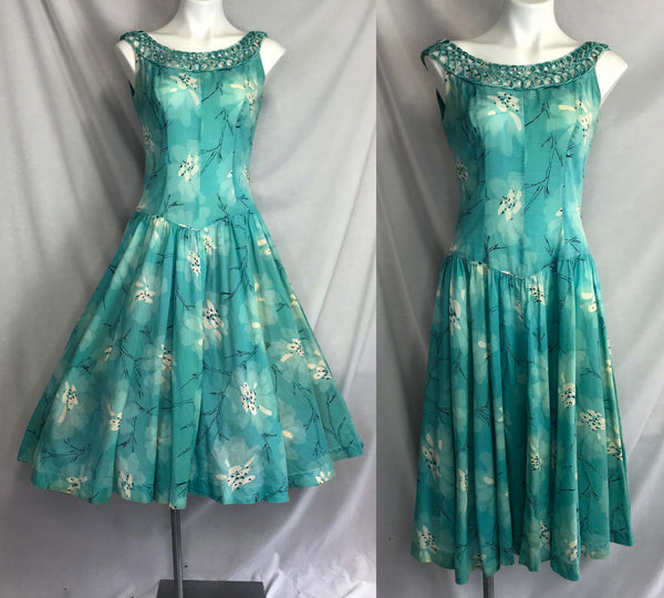 Vintage 1950s | Blue Swing Full Skirted Skirt Pin Up Cotton Party Dress | S-M