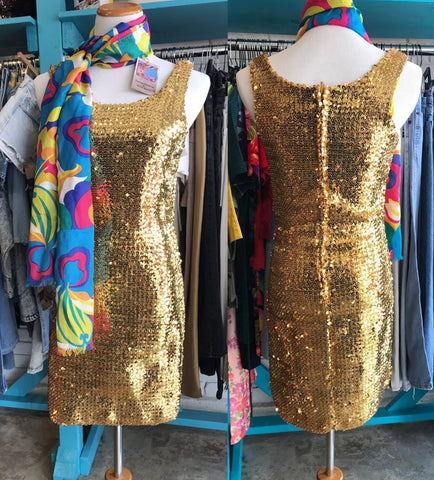 Vintage Gold Stretch Sequin Disco GoGo 60s 70s 80s Glam Party Dress 13/14