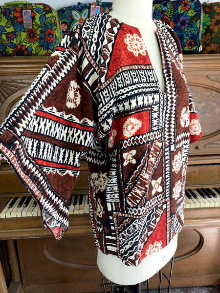 VTG 70s | Barkcloth Hippie Boho Bell Sleeve Dashiki Shirt Top Blouse | Free Size