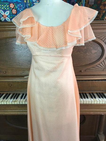 Vintage Peach Dot Ruffle Gunne Sax Style Festival Prairie Dress Lace weet Boho Hippy Small