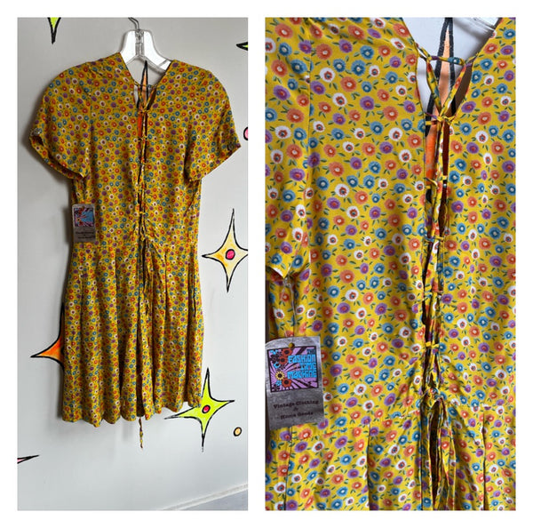 Vintage 90s | Yellow Rainbow Flower Power Lace up mini Dress | S M