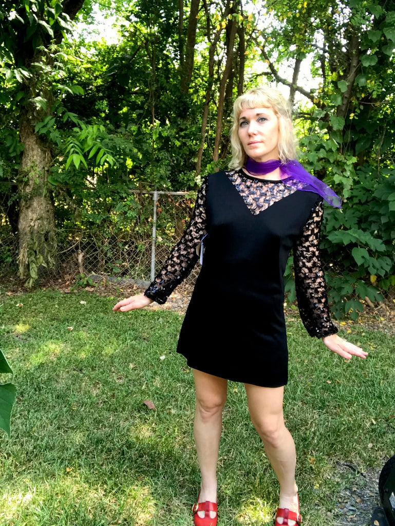 70s black mini dress Vintage Black Sequin Trim Cocktail Dress 70s 80s Party Secretary Mini Dress