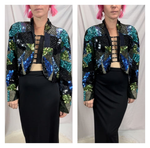 Vintage 80s 90s | Sequined Beaded Abstract Colorful Blazer Jacket | XL