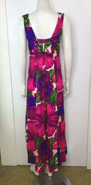 Vintage 60s Mod Cotton Barkcloth Hawaiian Magenta Pink Psychadelic Maxi Dress 6