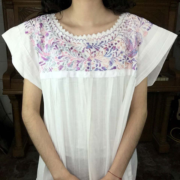 VTG White with Purple Embroidery MuuMuu Kaftan Boho Mexican Dress