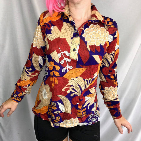 Vintage 60s 70s | Novelty Floral Psychedelic Mod Boho Disco Blouse Shirt Top | M