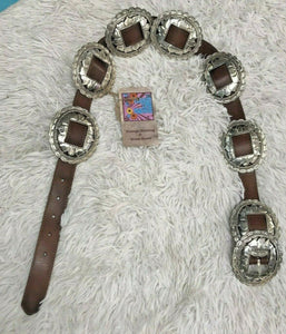 Vtg 90s | Brighton Silver Sunflower Concho Belt Brown Leather Boho Western | M