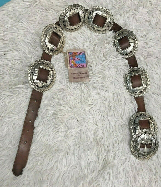 Vtg 90s | Brighton Silver Sunflower Concho Belt Brown Leather Boho Western | M